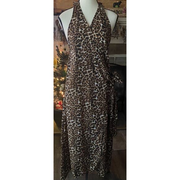 Kendall & Kylie Dresses & Skirts - Kendall and Kylie Animal Print Sz S Wrap Dress Ruched Racer back Hi low Maxi